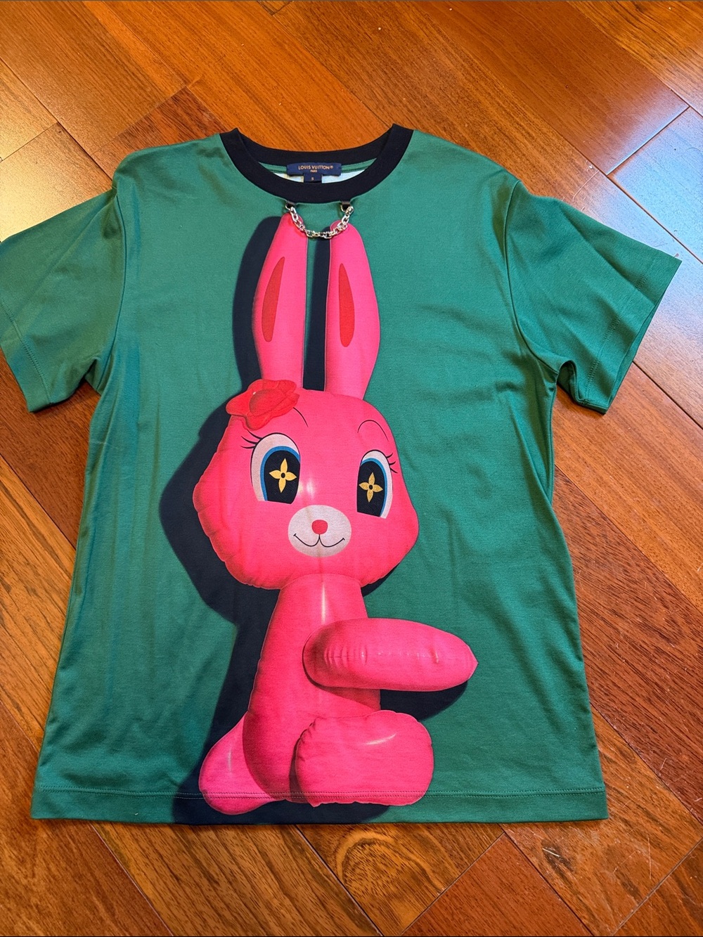 Louis Vuitton Green Tee with Navy Trim and Pink Accent cute comfortable